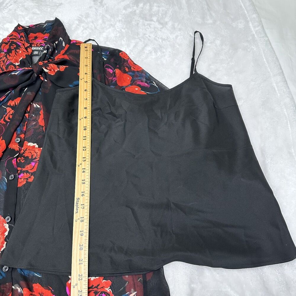 DKNY Black Red Floral Neck Bow Tie 3/4 Sleeve Semi-Sheer Blouse w/Camisole Sz M - Picture 14 of 16